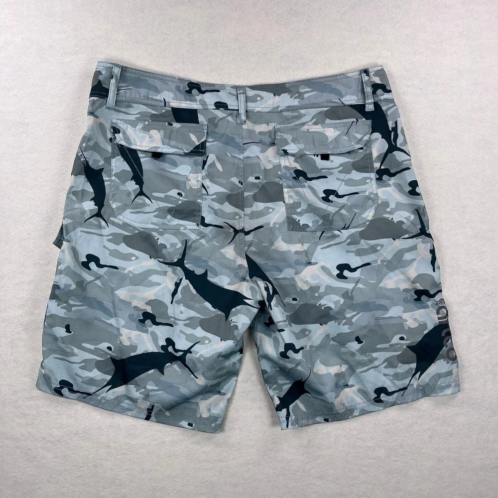 AFTCO Mens Blue Camo Marlin Print Fishing Shorts Size 36 Lightweight Cargo